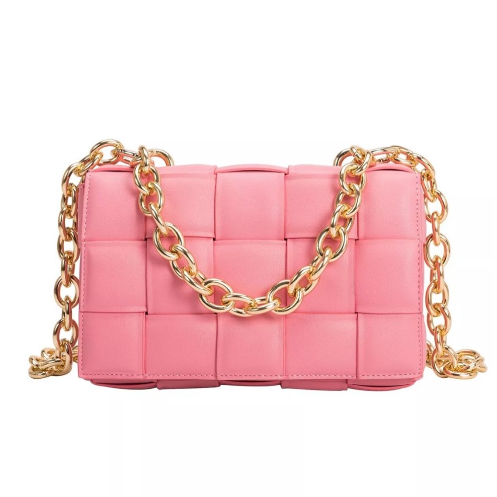 Pink Melie Bianco Anya Small Recycled Vegan Shoulder Bag with Gold Chain strap